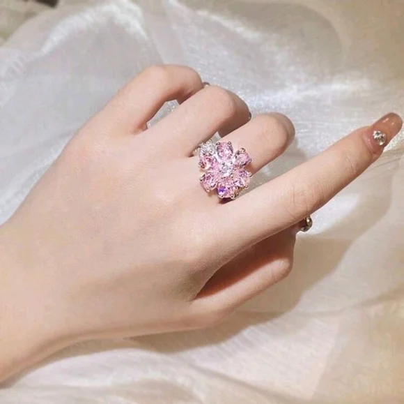 Beautiful Statement Flower Pink White Cubic Zirconia Silver Plated Ring Size 9 - Picture 2 of 10